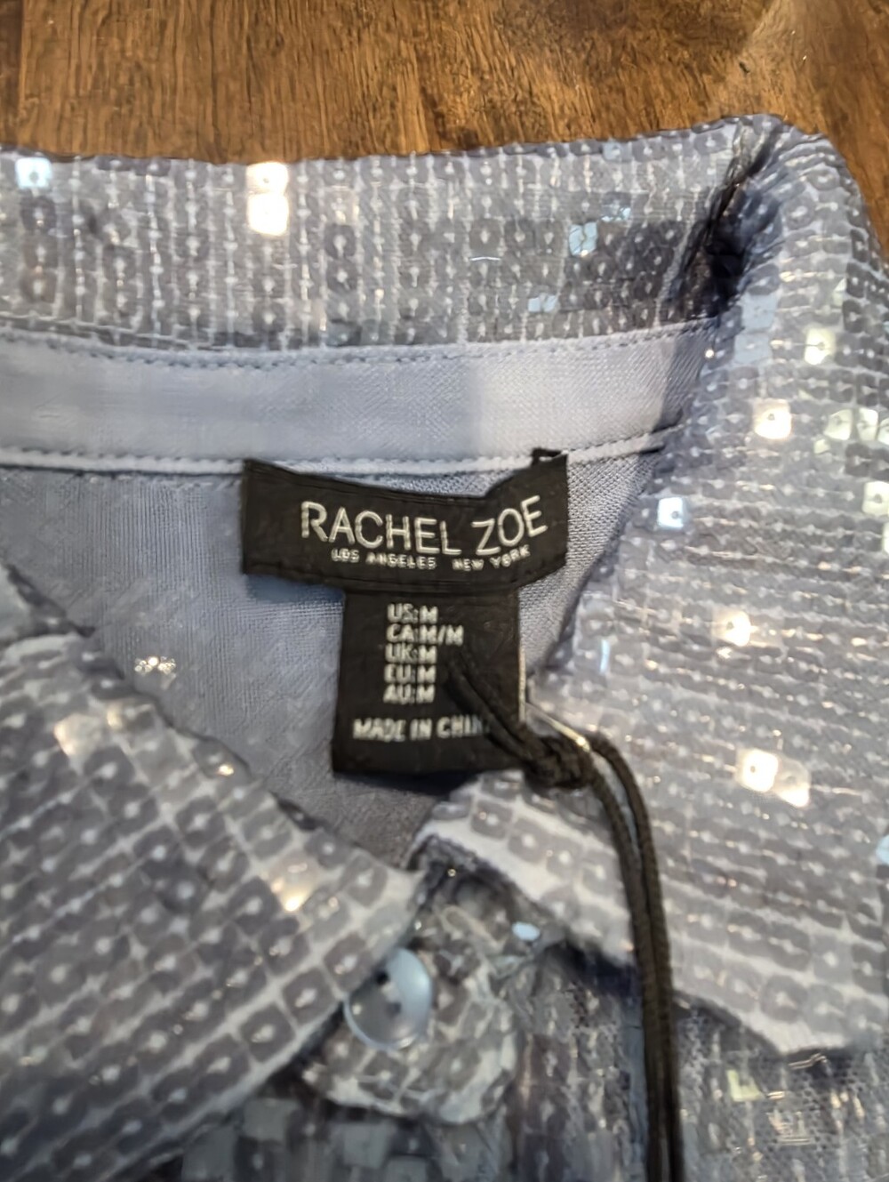 NWT Rachel Zoe Silver Blue Gray Sequin Button Shirt Jacket Medium - Picture 13 of 14